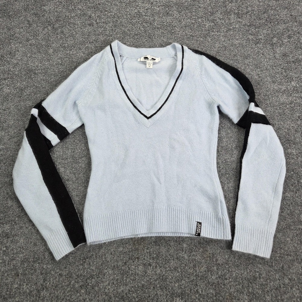 Bebe Sport Sweater Womens Medium Blue V Neck VTG Y2k Raglan Angora Pullover Knit